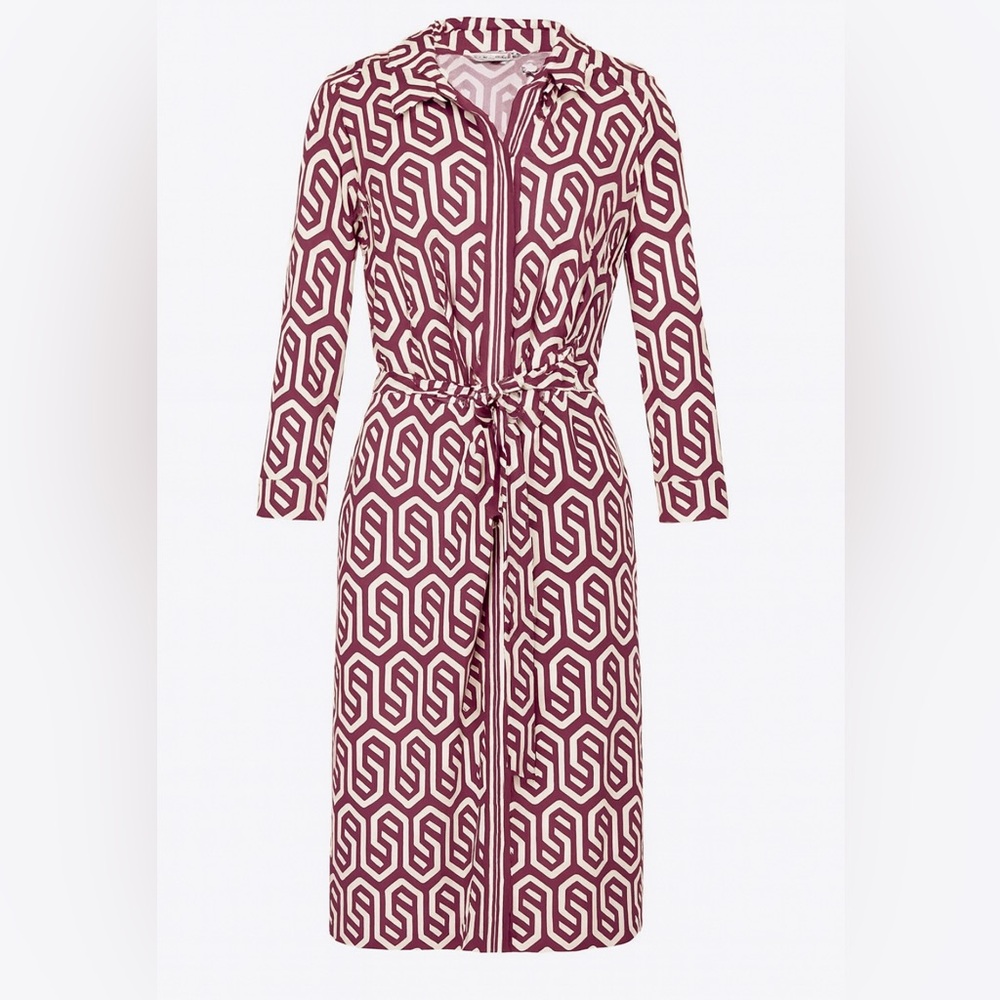 Geometric Print Shirtdress in Burgundy and White